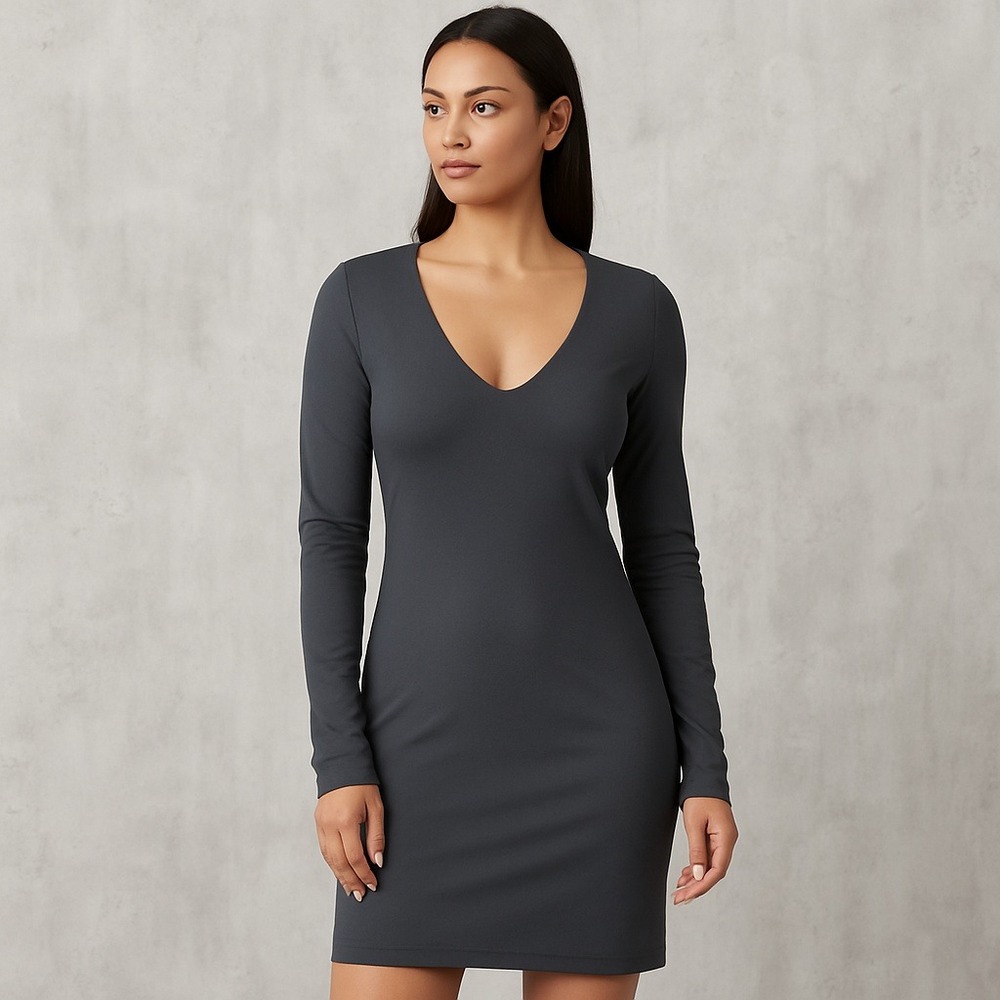 Susana‎ Monaco Womens L Gray Long Sleeve V-Neck Jersey Knit Bodycon Dress USA